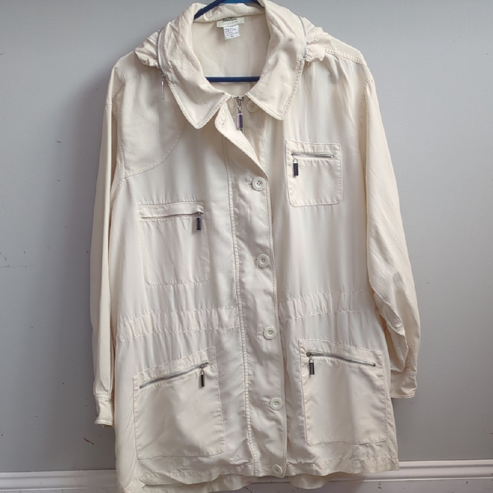 Neiman Marcus XL Silk Jacket Cream Zip Up Adjustable Waist Safari Adjust Hood